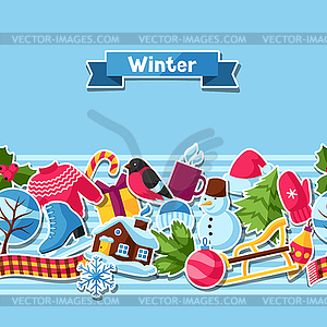 Seamless pattern with winter stickers. Merry - vector image