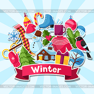 Background with winter stickers. Merry Christmas, - vector image