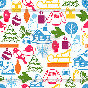 Seamless pattern with winter objects. Merry - vector image