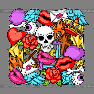 Print with retro tattoo symbols. Cartoon old school - vector image