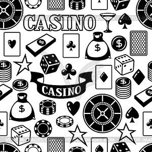 Casino gambling seamless pattern with game objects - white & black vector clipart