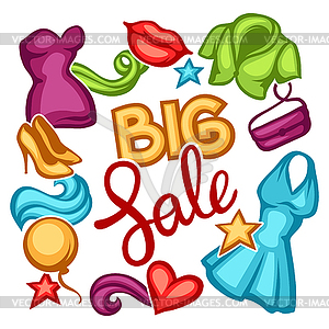 Sale background with female clothing and accessories - vector clip art