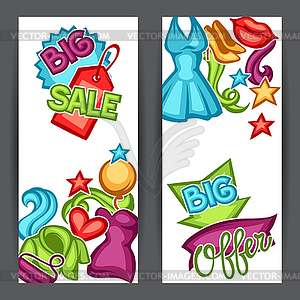 Sale banners with female clothing and accessories - vector clipart