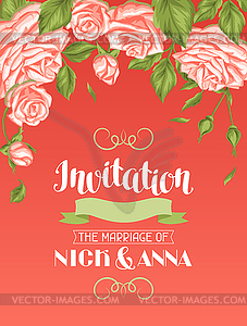 Wedding invitation card template with roses. - vector clip art