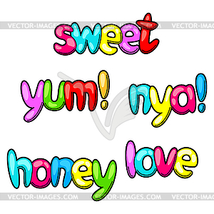 Set of sweet and yum words in cartoon style - vector clipart