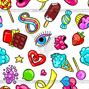 Seamless kawaii pattern with sweets and candies. - vector image