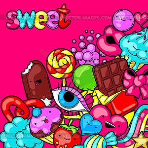 Kawaii background with sweets and candies. Crazy - royalty-free vector clipart