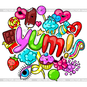 Kawaii print with sweets and candies. Crazy - vector clipart