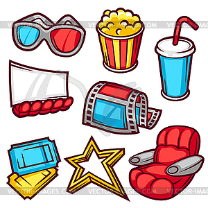 Set of movie elements and cinema objects in - vector clipart