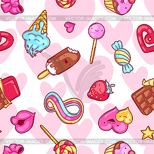 Seamless kawaii pattern with sweets and candies. - vector clipart