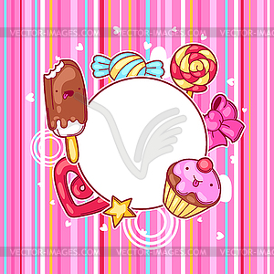 Kawaii heart frame with sweets and candies. Crazy - vector image