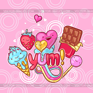 Kawaii background with sweets and candies. Crazy - vector image