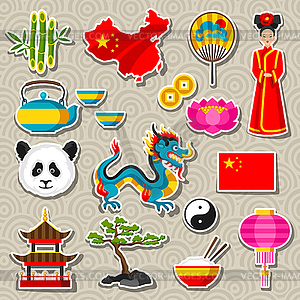 China icons set. Chinese sticker symbols and objects - vector image