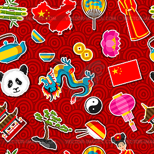 China seamless pattern. Chinese sticker symbols - vector clip art