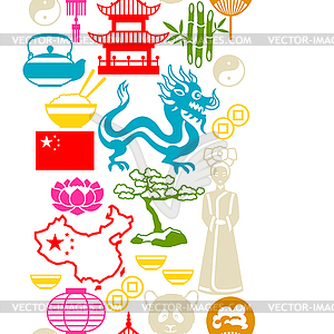 China seamless pattern. Chinese symbols and objects - vector clipart