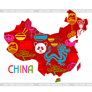 Китай карта дизайн. Китайские символы и объекты - изображение в векторе / векторный клипарт