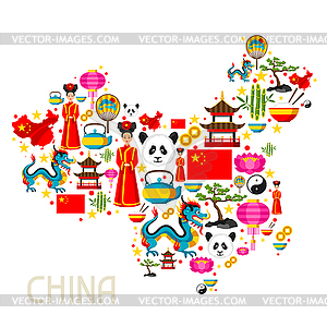 China map design. Chinese symbols and objects - vector clipart