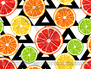 Seamless pattern with citrus fruits slices. Mix of - vector clip art