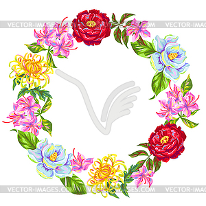 Wreath with China flowers. Bright buds of - vector clipart