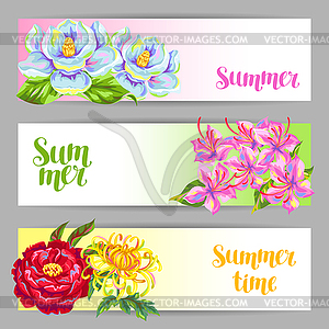 Banners set with China flowers. Bright buds of - vector image