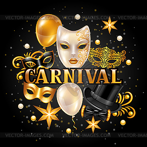 Carnival invitation card with gold masks and - vector clip art