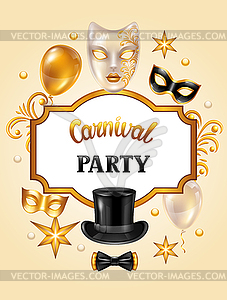 Carnival invitation card with gold masks and - vector image