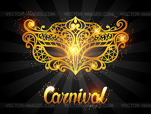 Carnival invitation card with golden lace mask. - vector image