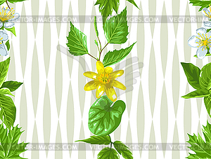 Spring green leaves and flowers. Seamless pattern - vector image