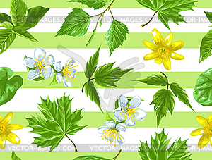 Spring green leaves and flowers. Seamless pattern - vector clipart