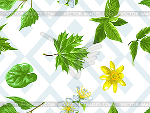 Spring green leaves and flowers. Seamless pattern - vector image