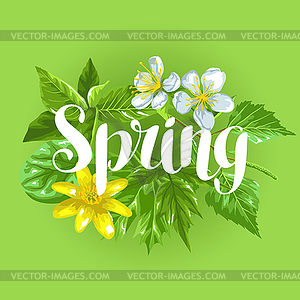 Spring green leaves and flowers. Card with plants, - vector EPS clipart