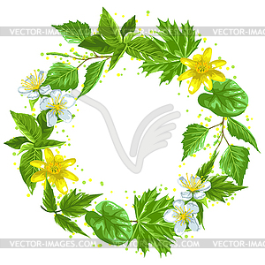 Spring green leaves and flowers. Wreath with plants - vector clip art