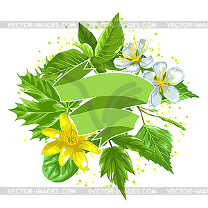 Spring green leaves and flowers. Ribbon with - vector clipart