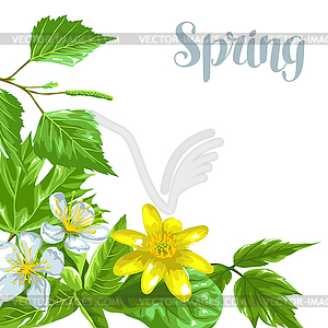 Spring green leaves and flowers. Background with - color vector clipart