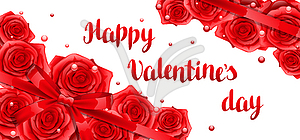 Happy Valentine day banner with red realistic roses - color vector clipart