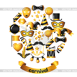 Carnival invitation card with gold icons and - vector image