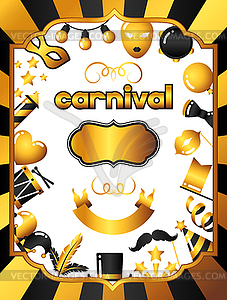 Carnival invitation card with gold icons and - vector clip art