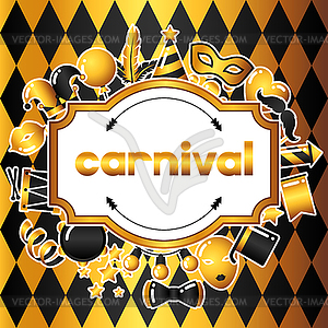 Carnival invitation card with gold icons and - vector clipart