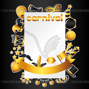 Carnival invitation card with gold icons and - vector image