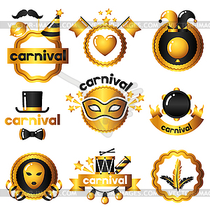 Carnival badges with gold icons and objects. - vector clipart