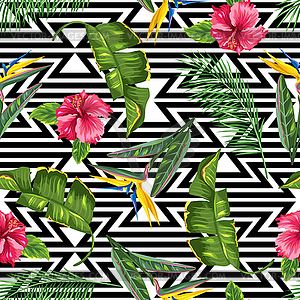 Seamless pattern with tropical leaves and flowers. - vector EPS clipart