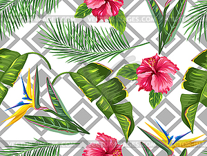 Seamless pattern with tropical leaves and flowers. - stock vector clipart
