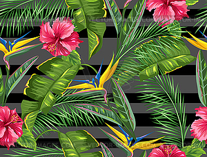 Seamless pattern with tropical leaves and flowers. - vector clip art
