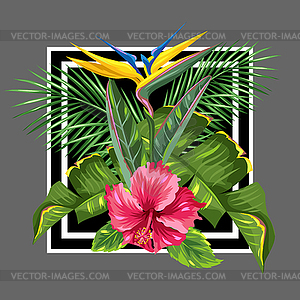 Background with tropical leaves and flowers. Palms - vector clip art