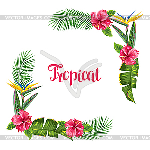 Frame with tropical leaves and flowers. Palms - vector image