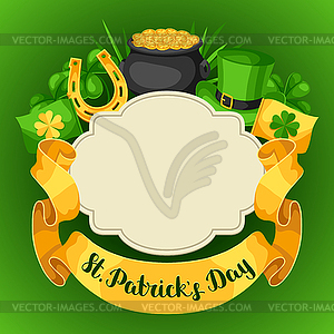 Saint Patricks Day greeting card. Flag, pot of - vector clip art