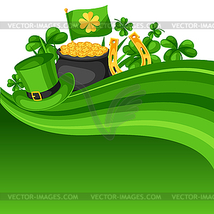 Saint Patricks Day card. Flag, pot of gold coins, - vector clipart