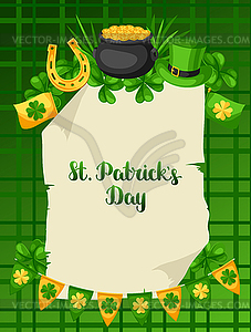 Saint Patricks Day poster. Flag, pot of gold - vector clip art