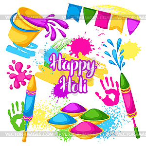 Happy Holi set of elements. Buckets with paint, - vector clip art