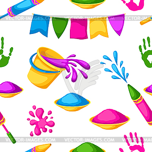 Happy Holi colorful seamless pattern. buckets with - color vector clipart